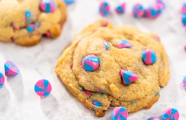 pink and blue morsels in cookies