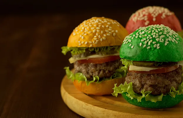 burgers with colorful buns